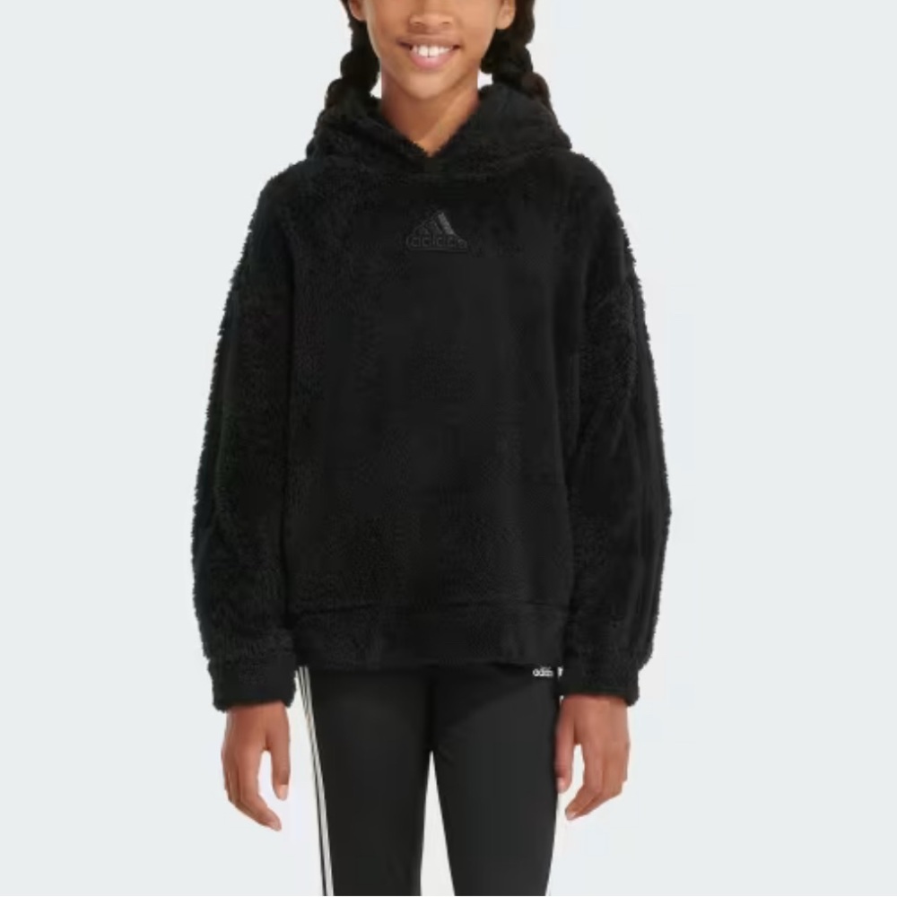 Adidas Black Cozy Furry Pullover Hoodie Kids Large Trendy Sporty
